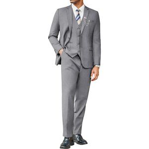 Men's Light Grey 3 Pieces Suits Classic Fit 2 Buttons Dress Wedding Business